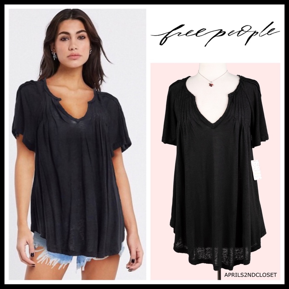 FREE PEOPLE BOHO TUNIC TEE FLOWY V-NECK TOP A2C - Picture 1 of 16